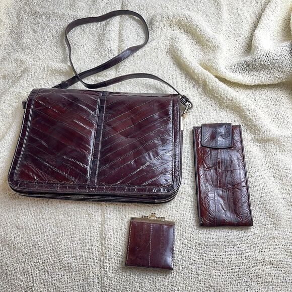 3 piece set Eel‎ skin leather suede brown shoulder bag coin purse & wallet - Picture 1 of 16